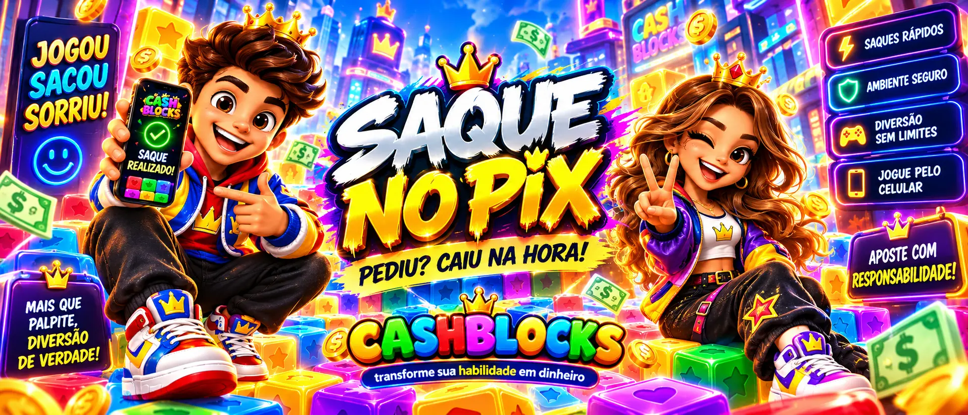 Peças coloridas do CashBlocks em um desafio de habilidade